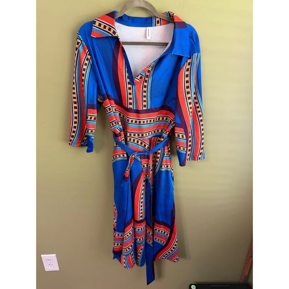 Fandee Womens 2X Geometric Abstract Print Long Sleeve Belted Midi Dress Blue
